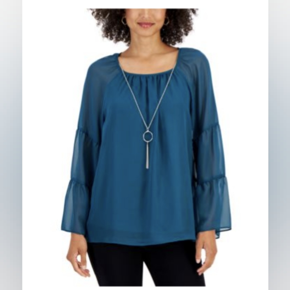JM Collection Womens Tiered Sleeve Top w/Necklace Medium Teal Evergreen